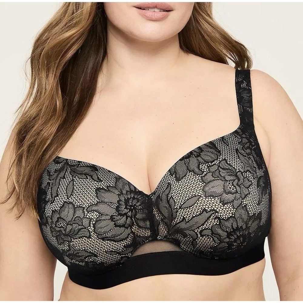 Cacique Comfort Bliss Balconette Bra 48F Black Lace Floral Underwire Sexy